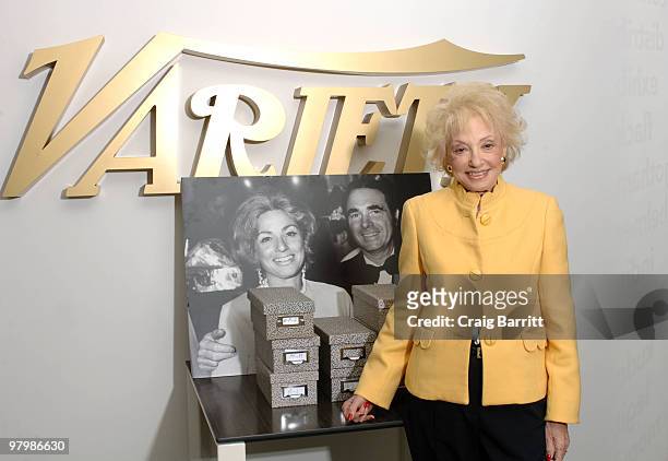 Selma Archerd hands over Army Archerd's files to the Academy at Variety on March 23, 2010 in Los Angeles, California.