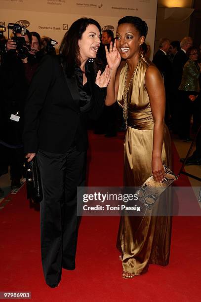 Actress Christine Neubauer and actress Dennenesch Zoude attend the 'Deutscher Hoerfilmpreis' 2010 on March 23, 2010 in Berlin, Germany.