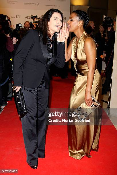 Actress Christine Neubauer and actress Dennenesch Zoude attend the 'Deutscher Hoerfilmpreis 2010' at the atrium of the German Bank on March 23, 2010...