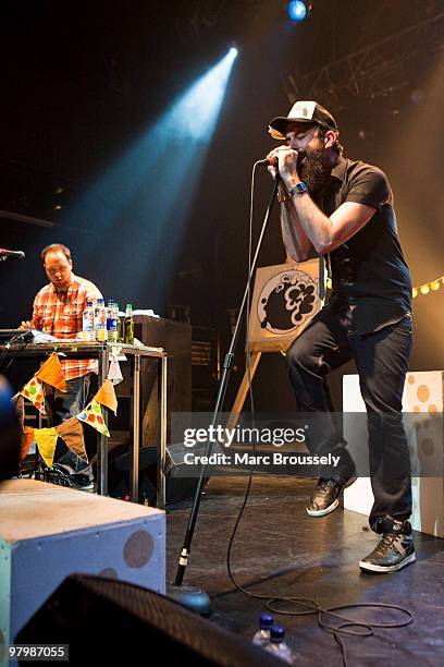 Dan Le Sac and Scroobius Pip of Dan Le Sac vs Scroobius Pip perform on stage at KOKO on March 23, 2010 in London, England.