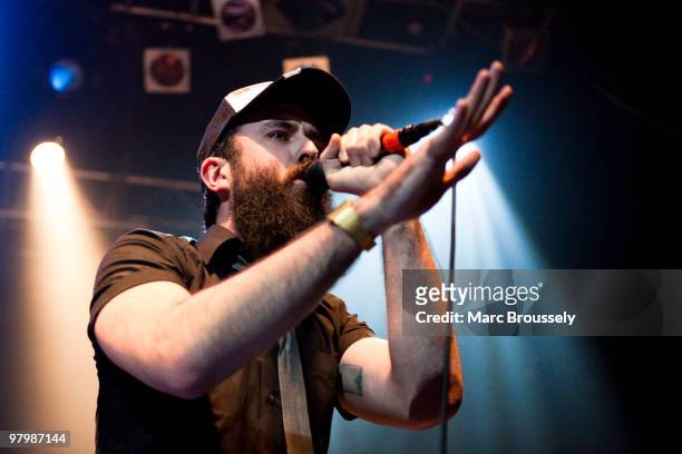 Scroobius Pip of Dan Le Sac vs Scroobius Pip performs on stage at KOKO on March 23, 2010 in London, England.