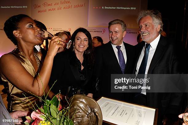 Actress Dennenesch Zoude and Christine Neubauer with Berlin mayor Klaus Wowereit and guest attend the 'Deutscher Hoerfilmpreis' 2010 on March 23,...