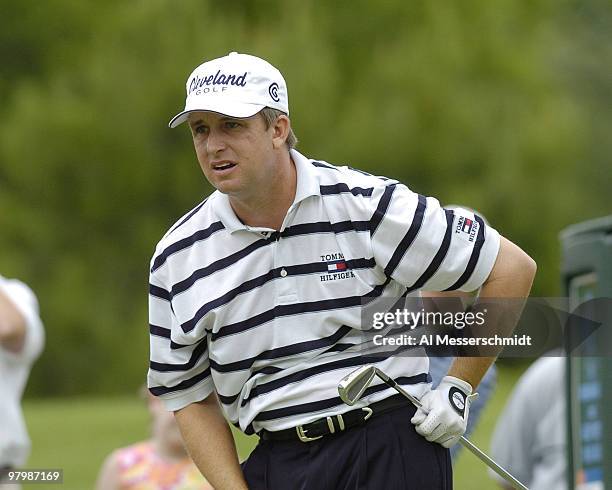 David Toms follows a tee shot during first-round play at the FedEx St. Jude Classic May 27, 2004 at the Tournament Players Club Southwind, Memphis,...