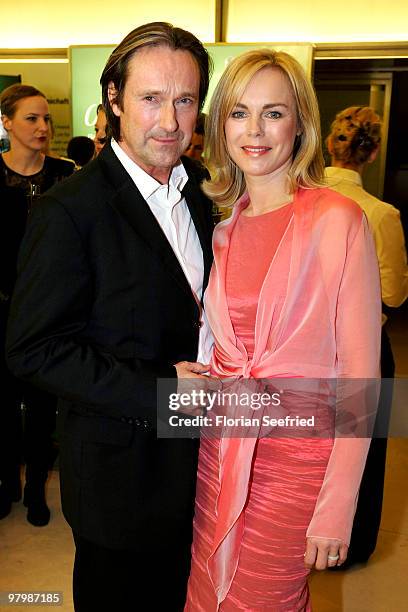 Actor Helmut Zierl and actress, wife Saskia Valencia attend the 'Deutscher Hoerfilmpreis 2010' at the atrium of the German Bank on March 23, 2010 in...