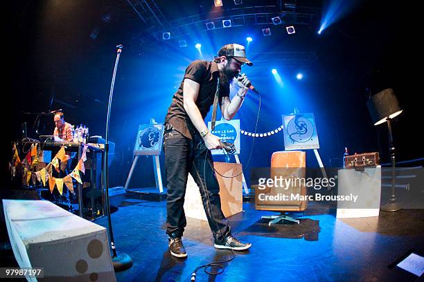 Dan Le Sac and Scroobius Pip of Dan Le Sac vs Scroobius Pip perform on stage at KOKO on March 23, 2010 in London, England.