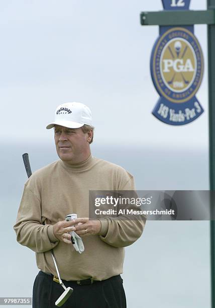 Ryder Cup captain Hal Sutton tees off at Whistling Straits, site of the 86th PGA Championship in Haven, Wisconsin August 13, 2004.