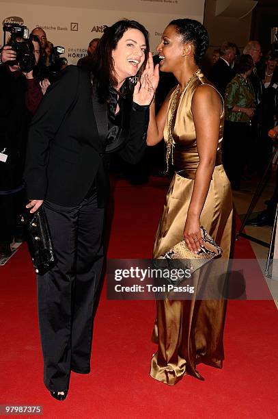 Actress Christine Neubauer and actress Dennenesch Zoude attend the 'Deutscher Hoerfilmpreis' 2010 on March 23, 2010 in Berlin, Germany.