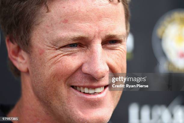 Damien Hardwick, coach of the Tigers, addresses the media during a Richmond Tigers AFL training session at Punt Road Oval on March 24, 2010 in...