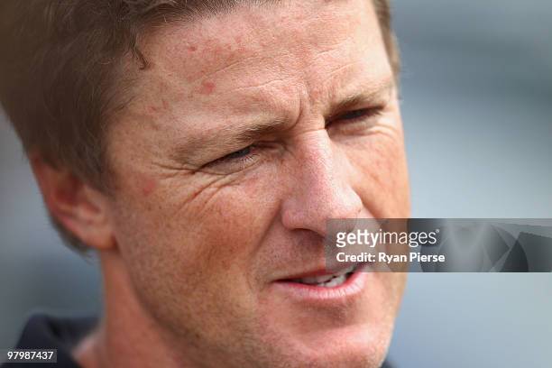 Damien Hardwick, coach of the Tigers, addresses the media during a Richmond Tigers AFL training session at Punt Road Oval on March 24, 2010 in...