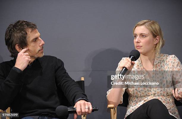 Actor Ben Stiller and actress Greta Gerwig appear at the Apple Store Soho as part of the Meet the Actors series on March 23, 2010 in New York City.