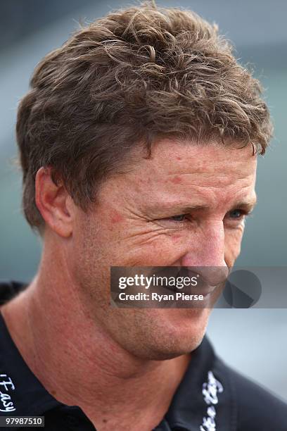 Damien Hardwick, coach of the Tigers, addresses the media during a Richmond Tigers AFL training session at Punt Road Oval on March 24, 2010 in...