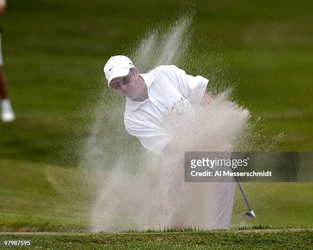 Spike McRoy blasts from the sand during first-round play at the FedEx St. Jude Classic May 27, 2004 at the Tournament Players Club Southwind,...