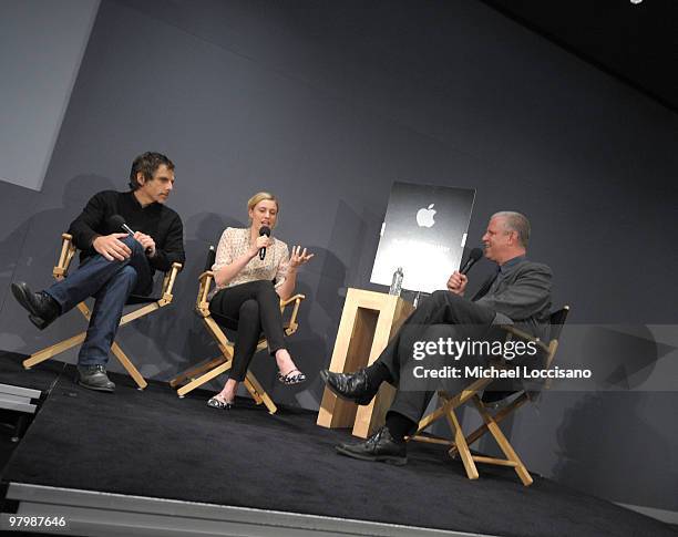 Actor Ben Stiller and actress Greta Gerwig speak with Chief Curator at the Museum of the Moving Image David Schwartz at the Apple Store Soho as part...
