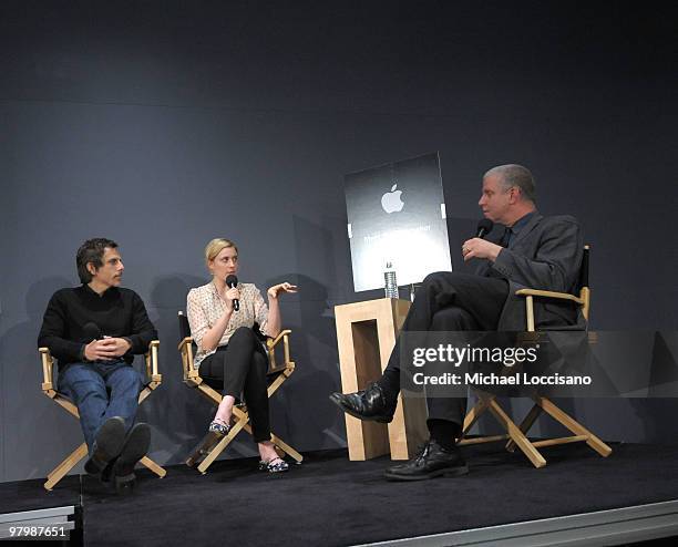 Actor Ben Stiller and actress Greta Gerwig speak with Chief Curator at the Museum of the Moving Image David Schwartz at the Apple Store Soho as part...