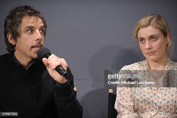Actor Ben Stiller and actress Greta Gerwig appear at the Apple Store Soho as part of the Meet the Actors series on March 23, 2010 in New York City.