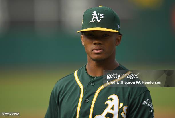 The Oakland Athletics number one draft pick Kyler Murray an outfielder out of the University of Oklahoma looks on during batting practice prior to...