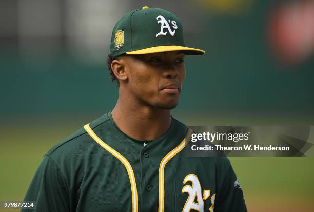 The Oakland Athletics number one draft pick Kyler Murray an outfielder out of the University of Oklahoma looks on during batting practice prior to...