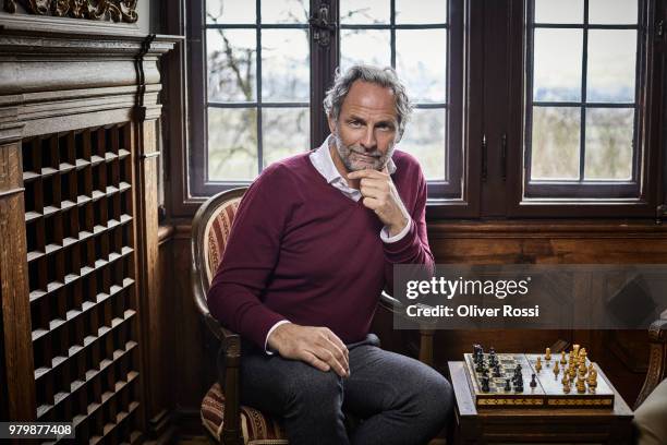 portrait of smiling grey-haired man with chessboard - schach stock-fotos und bilder