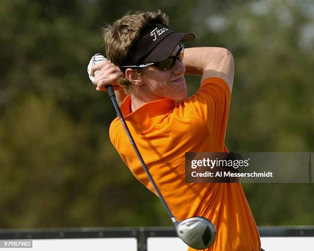 Aaron Stewart, son of Payne Stewart, tees off on the 13th hole during final-round play in the Office Deport Father/Son Challenge at ChampionsGate...