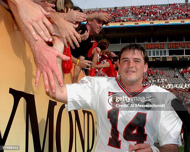 Georgia quarterback David Greene celebrates with fans at the 2005 Outback Bowl January 1, 2005 at Raymond James Stadium, Tampa, Florida. Georgia...