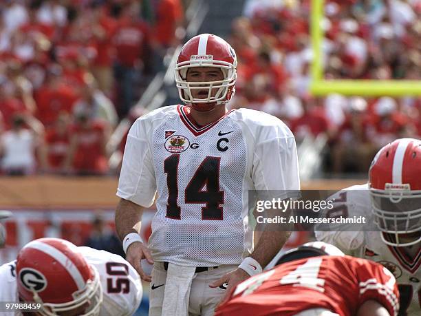 Georgia quarterback David Greene calls a play at the 2005 Outback Bowl January 1, 2005 at Raymond James Stadium, Tampa, Florida. Georgia defeated...