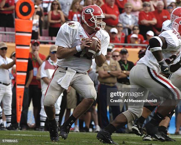 Georgia quarterback David Greene sets to pass at the 2005 Outback Bowl January 1, 2005 at Raymond James Stadium, Tampa, Florida. Georgia defeated...