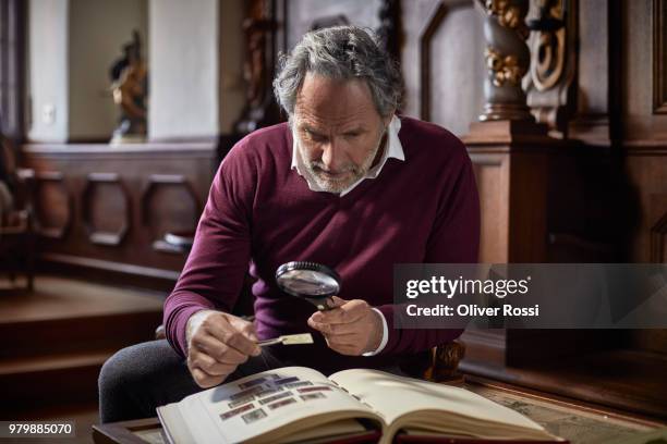 grandfather showing stamp collection to grandson - essentials collection stock pictures, royalty-free photos & images