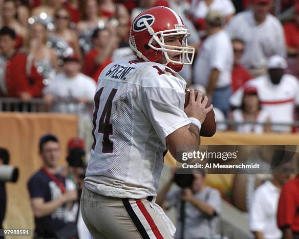 Georgia quarterback David Greene sets to pass at the 2005 Outback Bowl January 1, 2005 at Raymond James Stadium, Tampa, Florida. Georgia defeated...