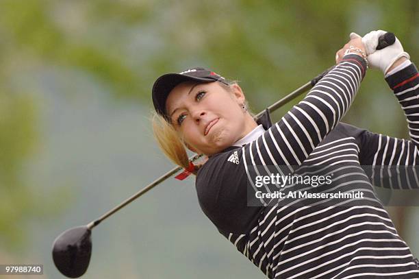 Natalie Gulbis drives off the first tee April 30 in the rain-delayed third round of the 2005 Franklin American Mortgage Championship in Franklin, Tn.