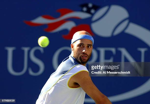 James Blake defeats Tommy Robredo 4-6 7-5 6-2 6-3 in a men's fourth round at the 2005 U. S. Open in Flushing, New York on September 5, 2005.