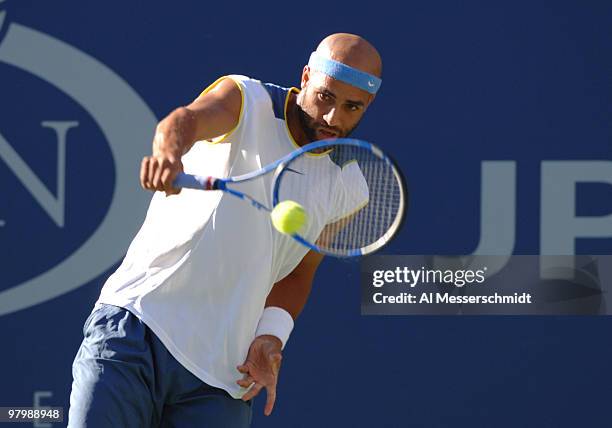 James Blake defeats Tommy Robredo 4-6 7-5 6-2 6-3 in a men's fourth round at the 2005 U. S. Open in Flushing, New York on September 5, 2005.