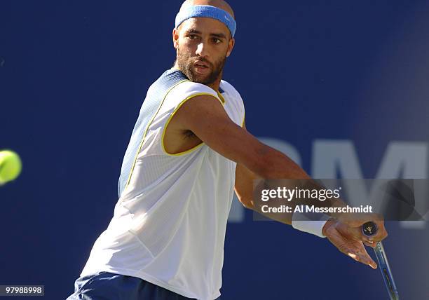 James Blake defeats Tommy Robredo 4-6 7-5 6-2 6-3 in a men's fourth round at the 2005 U. S. Open in Flushing, New York on September 5, 2005.