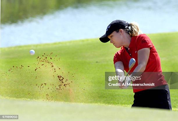 Cristie Kerr blasts from the sand near the ninth green during the pro am at the 2006 SBS Open at Turtle Bay February 15 at Kahuku, Hawaii.