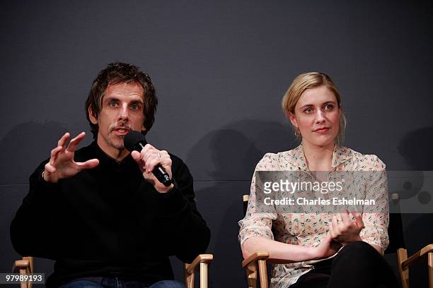 Actors Ben Stiller and Greta Gerwig visit the Apple Store Soho on March 23, 2010 in New York City.