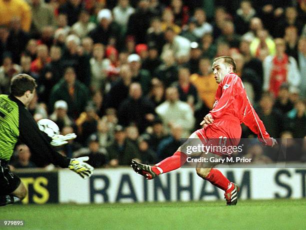 Danny Murphy of Liverpool scores the fourth goal during the Liverpool v Crystal Palace Worthington Cup Semi-final, second leg match at Anfield,...