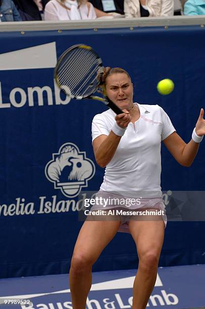 Nadia Petrova hits a return to Francesca Schiavone during in the final of the Bausch & Lomb Championship, Amelia Island, Florida, April 9, 2006.