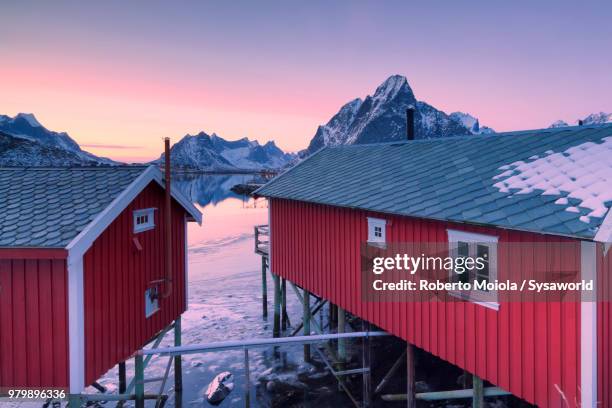 sunset on fishermen's huts called rorbu surrounded by cold sea and snowy peaks, reine, lofoten islands, norway - rorbu stock pictures, royalty-free photos & images
