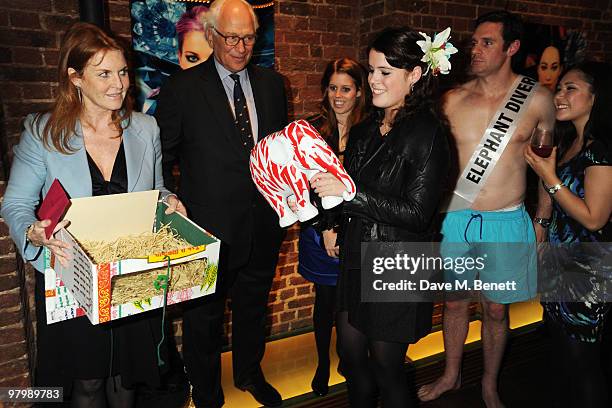 Sarah Ferguson, the Duchess of York,, Sir Evelyn de Rothschild, Princess Beatrice and Princess Eugenie attend the launch of The Elephant Parade on...