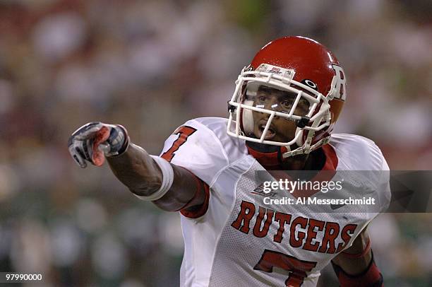 Rutgers wide receiver Tiquan Underwood sets for a pass against South Florida on September 29, 2006 in Tampa, Florida. Rutgers won 22 - 20 to remain...