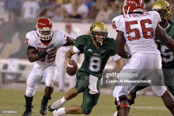 South Florida freshman quarterback Matt Grothe rushes upfield against Rutgers on September 29, 2006 in Tampa, Florida. Rutgers won 22 - 20 to remain...