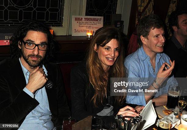 Luke Janklow, Jemima Kahn and Patrick Kielty attend the Vogue Pub Quiz hosted by Anya Hindmarch at The Bag & Bottle on March 23, 2010 in London,...