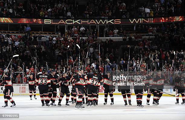 The Chicago Blackhawks celebrate a two to zero win over the Phoenix Coyotes on March 23, 2010 at the United Center in Chicago, Illinois.