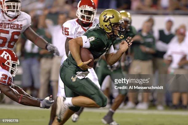 South Florida freshman quarterback Matt Grothe rushes for a touchdown against Rutgers on September 29, 2006 in Tampa, Florida. Rutgers won 22 - 20 to...