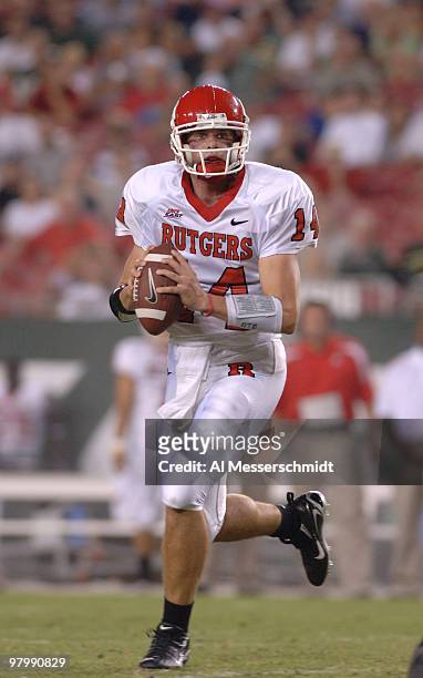 Rutgers quarterback Mike Teel sets to pass against South Florida September 29, 2006 in Tampa. Rutgers won 22 - 20 to remain undefeated.