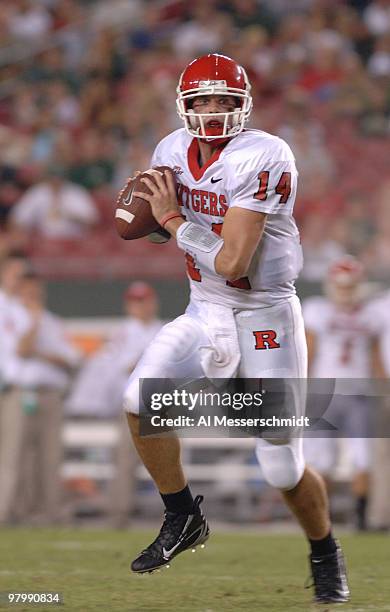 Rutgers quarterback Mike Teel sets to pass against South Florida September 29, 2006 in Tampa. Rutgers won 22 - 20 to remain undefeated.