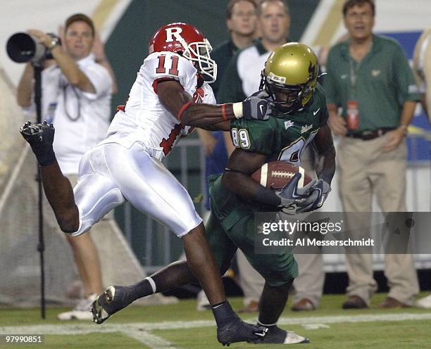 South Florida wide receiver Taurus Johnson grabs a pass against Rutgers September 29, 2006 in Tampa. Rutgers won 22 - 20 to remain undefeated.