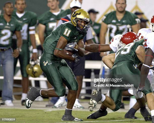 South Florida wide receiver Marcus Edwards grabs a pass against Rutgers September 29, 2006 in Tampa. Rutgers won 22 - 20 to remain undefeated.