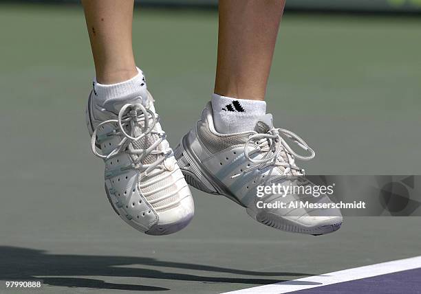 Anna Chakvetadze's sneakers during her 2-6, 3-6 loss to Justine Henin-Hardenne in a semi final at the 2007 Sony Ericsson Open in Key Biscayne,...