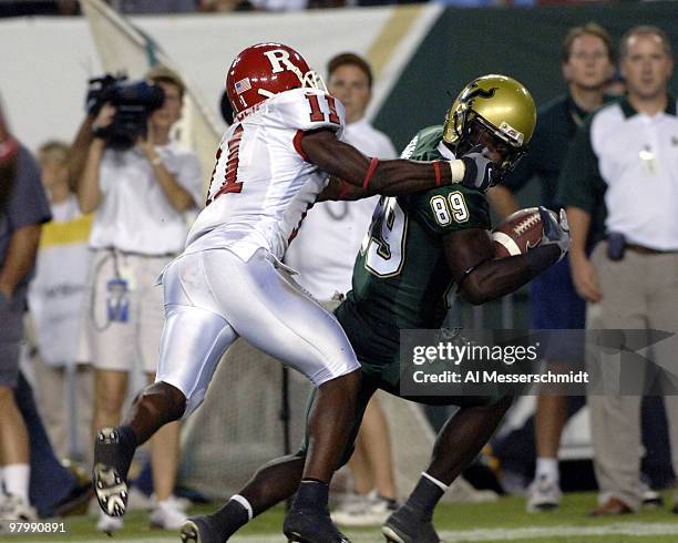 South Florida wide receiver Taurus Johnson grabs a pass against Rutgers on September 29, 2006 in Tampa, Florida. Rutgers won 22 - 20 to remain...