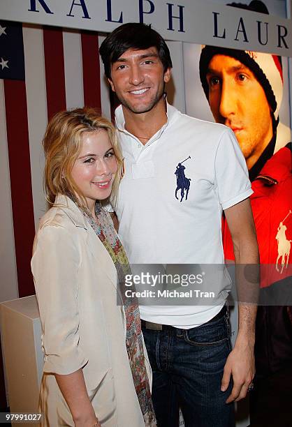 Tara Lipinski and Evan Lysacek arrive to Olympic gold medalist Evan Lysacek's victory party held at the Ralph Lauren Robertson store on March 23,...